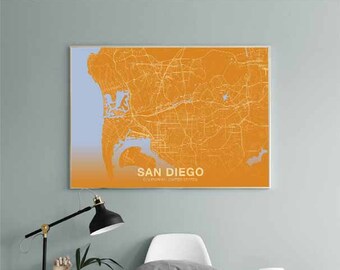 SAN DIEGO California CA usa map poster color Hometown City Print Modern Home Decor Office Decoration Wall Art Dorm Bedroom Gift