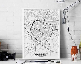 HASSELT Belgium map poster black white Hometown City Print Modern Home Decor Office Decoration Wall Art Dorm Bedroom Gift