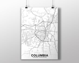 COLUMBIA Tennessee TN USA map poster black white Hometown City Print Modern Home Decor Office Decoration Wall Art Dorm Bedroom Gift