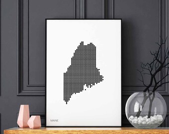 MAINE US state minimal dots retro map poster black white wall decor design modern swiss scandinavian nordic housewarming travel