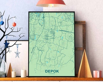 DEPOK Indonesia map poster color Hometown City Print Modern Home Decor Office Decoration Wall Art Dorm Bedroom Gift