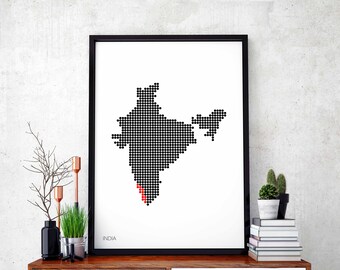 INDIA minimal dots retro map poster black white wall decor design modern swiss scandinavian nordic housewarming travel