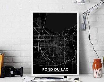 FOND DU LAC Wisconsin wi usa map poster black white Hometown City Print Modern Home Decor Office Decoration Wall Art Dorm Bedroom Gift