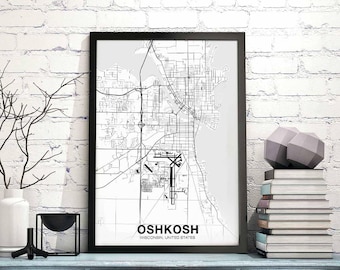 OSHKOSH Wisconsin WI USA map poster black white Hometown City Print Modern Home Decor Office Decoration Wall Art Dorm Bedroom Gift