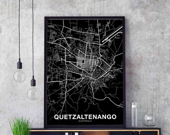 QUETZALTENANGO Guatemala map poster black white Hometown City Print Modern Home Decor Office Decoration Wall Art Dorm Bedroom Gift