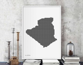 ALGERIA minimal dots retro map poster black white wall decor design modern swiss scandinavian nordic housewarming travel bedroom