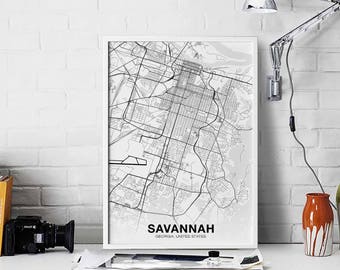 SAVANNAH Georgia GA USA map poster black white Hometown City Print Modern Home Decor Office Decoration Wall Art Dorm Bedroom Gift