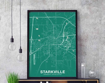 STARKVILLE Mississippi MS USA map poster color Hometown City Print Modern Home Decor Office Decoration Wall Art Dorm Bedroom Gift