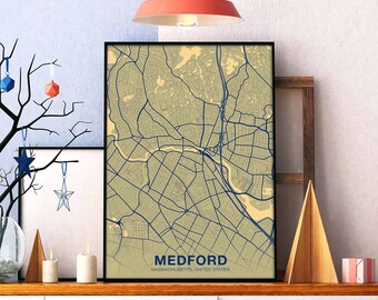 MEDFORD Massachusetts MA USA map poster color Hometown City Print Modern Home Decor Office Decoration Wall Art Dorm Bedroom Gift