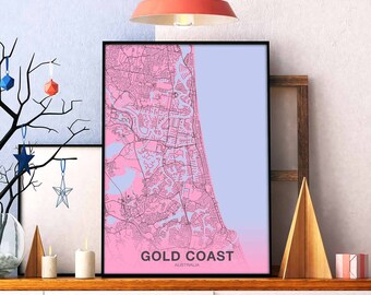 GOLD COAST Australia map poster color Hometown City Print Modern Home Decor Office Decoration Wall Art Dorm Bedroom Gift