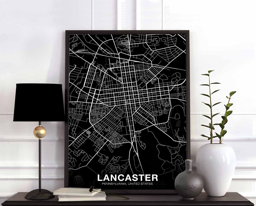 LANCASTER Pennsylvania PA USA Map Poster Black White Hometown City Print Modern Home Decor ...