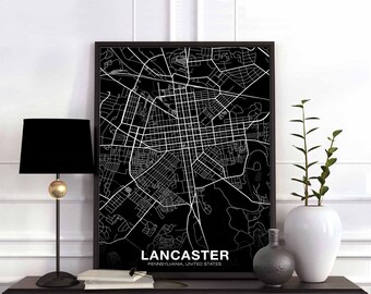 LANCASTER Pennsylvania PA USA map poster black white Hometown City Print Modern Home Decor Office Decoration Wall Art Dorm Bedroom Gift