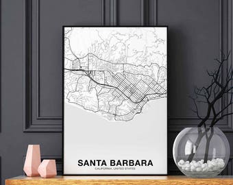 SANTA BARBARA California CA usa map poster black white Hometown City Print Modern Home Decor Office Decoration Wall Art Dorm Bedroom Gift
