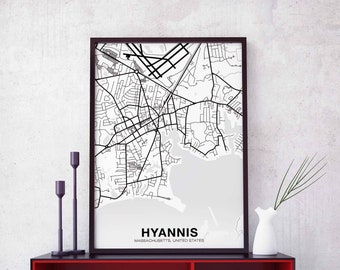 HYANNIS Massachusetts MA USA map poster black white Hometown City Print Modern Home Decor Office Decoration Wall Art Dorm Bedroom Gift