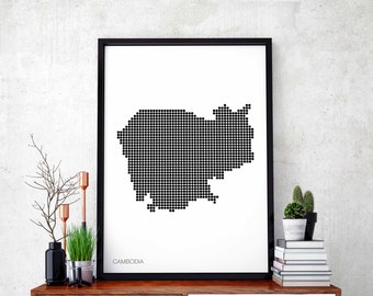 CAMBODIA minimal dots retro map poster black white wall decor design modern swiss scandinavian nordic housewarming travel