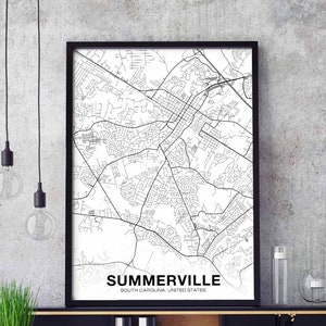 Póster de mapa de SUMMERVILLE Carolina del Sur SC EE. UU., blanco y negro, ciudad natal, impresión moderna, decoración del hogar, decoración de la oficina, arte de pared, dormitorio, regalo