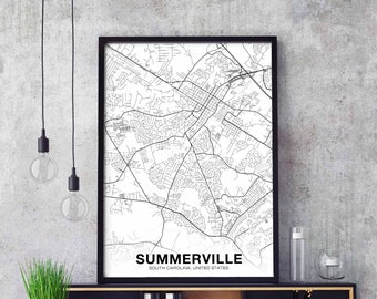 SUMMERVILLE South Carolina SC usa map poster black white  Hometown City Print Modern Home Decor Office Decoration Wall Art Dorm Bedroom Gift