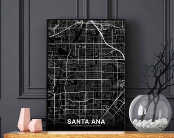 SANTA ANA California CA usa map poster black white Hometown City Print Modern Home Decor Office Decoration Wall Art Dorm Bedroom Gift
