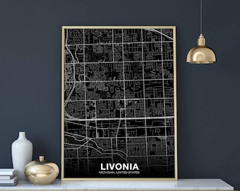 LIVONIA Michigan MI USA map poster black white Hometown City Print Modern Home Decor Office Decoration Wall Art Dorm Bedroom Gift