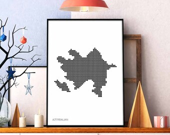 AZERBAIJAN minimal dots retro map poster black white wall decor design modern swiss scandinavian nordic housewarming travel bedroom