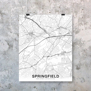 Puede incluir: Un mapa de Springfield, Nueva Jersey, Estados Unidos, en blanco y negro. El mapa muestra las calles y carreteras de la ciudad.