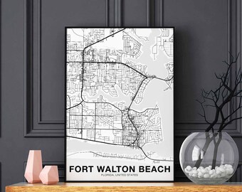 FORT WALTON BEACH Florida fl usa map poster black white Hometown City Print Modern Home Decor Office Decoration Wall Art Dorm Bedroom Gift