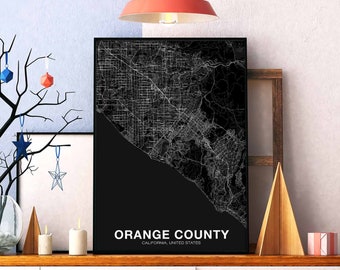 ORANGE COUNTY California CA usa map poster black white Hometown City Print Modern Home Decor Office Decoration Wall Art Dorm Bedroom Gift