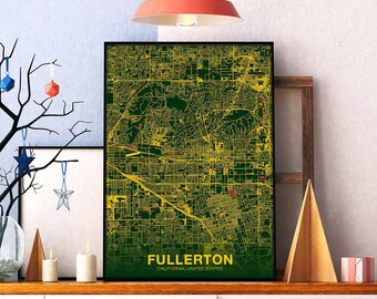 FULLERTON California CA US map poster color Hometown City Print Modern Home Decor Office Decoration Wall Art Dorm Bedroom Gift