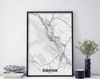 SIBENIK Croatia map poster black white Hometown City Print Modern Home Decor Office Decoration Wall Art Dorm Bedroom Gift