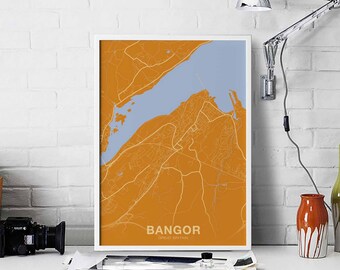 BANGOR Great Britain UK map poster color Hometown City Print Modern Home Decor Office Decoration Wall Art Dorm Bedroom Gift