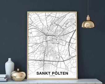 SANKT POLTEN Austria map poster black white Hometown City Print Modern Home Decor Office Decoration Wall Art Dorm Bedroom Gift