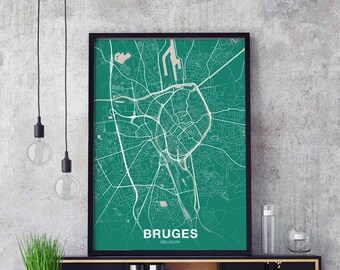 BRUGES Belgium Belgique map poster color Hometown City Print Modern Home Decor Office Decoration Wall Art Dorm Bedroom Gift