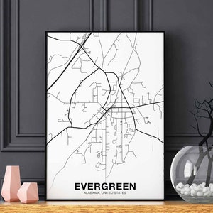 EVERGREEN Alabama AL Etats-Unis carte affiche noir blanc ville natale ville impression moderne décor à la maison bureau décoration mur art dortoir chambre cadeau