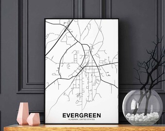 EVERGREEN Alabama AL USA map poster black white Hometown City Print Modern Home Decor Office Decoration Wall Art Dorm Bedroom Gift
