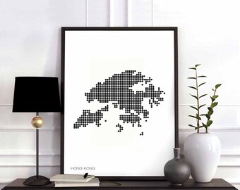 HONG KONG minimal dots retro map poster black white wall decor design modern swiss scandinavian nordic housewarming travel
