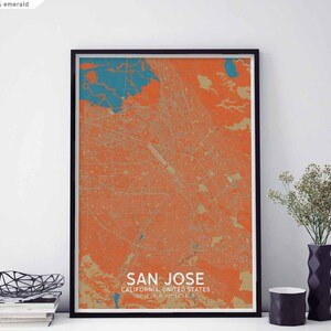 Affiche carte SAN JOSE Californie Etats-Unis noir blanc décoration murale design chambre de voyage scandinave moderne minimaliste pendaison de crémaillère
