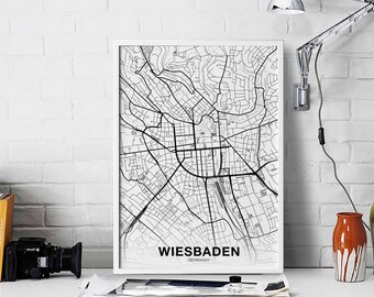 WIESBADEN Germany map poster black white Hometown City Print Modern Home Decor Office Decoration Wall Art Dorm Bedroom Gift