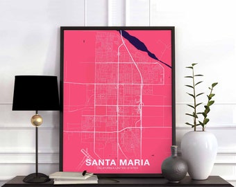 SANTA MARIA California CA usa map poster color Hometown City Print Modern Home Decor Office Decoration Wall Art Dorm Bedroom Gift