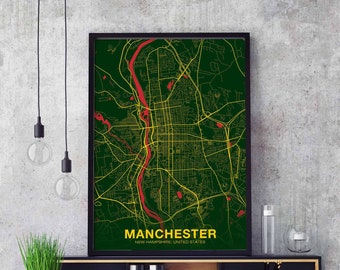 MANCHESTER New Hampshire NH USA poster color Hometown City Print Modern Home Decor Office Decoration Wall Art Dorm Bedroom Gift