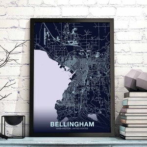BELLINGHAM Washington WA US map Night Blue poster colorHometown City Print Modern Home Decor Office Decoration Wall Art Dorm Bedroom Gift