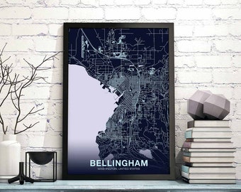BELLINGHAM Washington WA US map Night Blue poster colorHometown City Print Modern Home Decor Office Decoration Wall Art Dorm Bedroom Gift