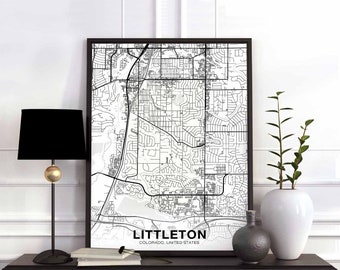 LITTLETON Colorado CO USA map poster black white Hometown City Print Modern Home Decor Office Decoration Wall Art Dorm Bedroom Gift