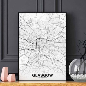 Póster de mapa de GLASGOW, Gran Bretaña, GB, Reino Unido, en blanco y negro, impresión de ciudad natal, decoración moderna para el hogar, decoración de oficina, arte de pared, dormitorio, regalo