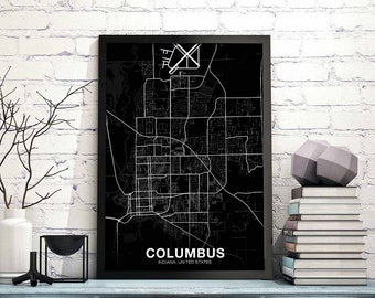 COLUMBUS Indiana IN USA map poster black white Hometown City Print Modern Home Decor Office Decoration Wall Art Dorm Bedroom Gift