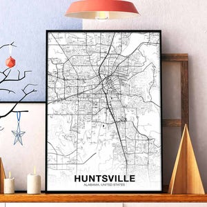 HUNTSVILLE Alabama AL USA kaart poster zwart wit woonplaats stad print modern interieur kantoor decoratie kunst aan de muur slaapzaal slaapkamer cadeau