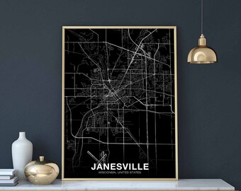 JANESVILLE Wiscosin WI USA map poster black white Hometown City Print Modern Home Decor Office Decoration Wall Art Dorm Bedroom Gift
