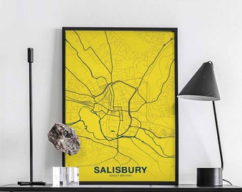 SALISBURY Great Britain UK map poster color Hometown City Print Modern Home Decor Office Decoration Wall Art Dorm Bedroom Gift