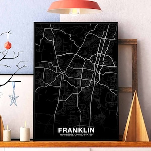 FRANKLIN Tennessee TN USA map poster black white Hometown City Print Modern Home Decor Office Decoration Wall Art Dorm Bedroom Gift