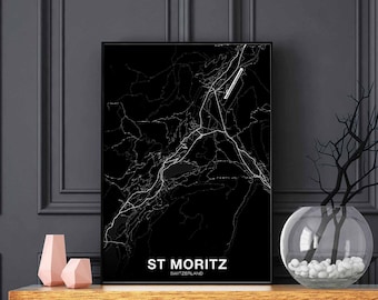 ST MORITZ Switzerland map poster black white Hometown City Print Modern Home Decor Office Decoration Wall Art Dorm Bedroom Gift