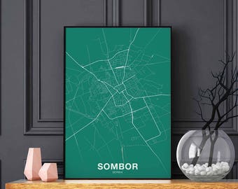 SOMBOR Serbia map poster color Hometown City Print Modern Home Decor Office Decoration Wall Art Dorm Bedroom Gift